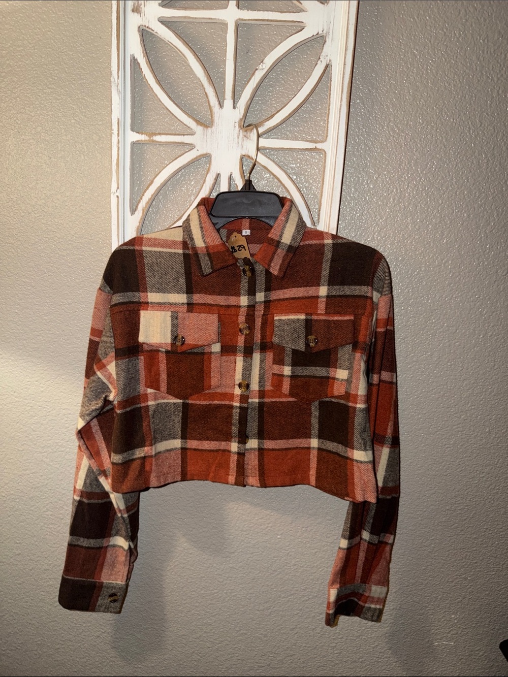 Ladies Cropped Plaid Flannel Shirt - Rust & Brown
